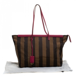 Pre Owned Fendi Tobacco/Pink Pequin Canvas and Leather Roll Tote