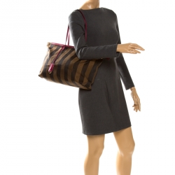 Pre Owned Fendi Tobacco/Pink Pequin Canvas and Leather Roll Tote