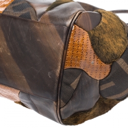 Pre Owned Fendi Brown Zucca Canvas,Leather and Fur Patchwork Shoulder Bag