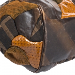 Pre Owned Fendi Brown Zucca Canvas,Leather and Fur Patchwork Shoulder Bag