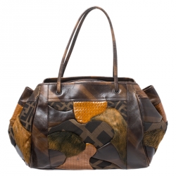Pre Owned Fendi Brown Zucca Canvas,Leather and Fur Patchwork Shoulder Bag