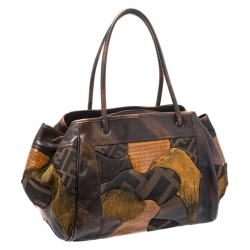 Pre Owned Fendi Brown Zucca Canvas,Leather and Fur Patchwork Shoulder Bag