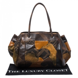 Pre Owned Fendi Brown Zucca Canvas,Leather and Fur Patchwork Shoulder Bag