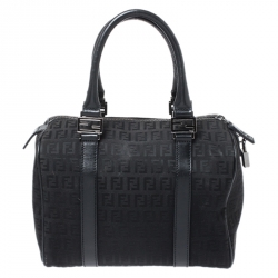 Pre Owned Fendi Black Zucchino Canvas and Patent Leather Bauletto Bowler Bag