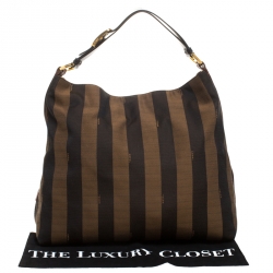 Pre Owned Fendi Tobacco/Black Canvas and Leather Large Pequin Striped Hobo