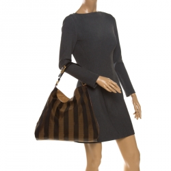 Pre Owned Fendi Tobacco/Black Canvas and Leather Large Pequin Striped Hobo