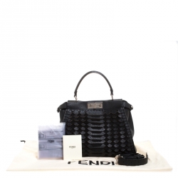 Pre Owned Fendi Black Lasercut Selleria Leather Small Peekaboo Top Handle Bag