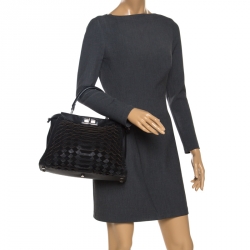 Pre Owned Fendi Black Lasercut Selleria Leather Small Peekaboo Top Handle Bag