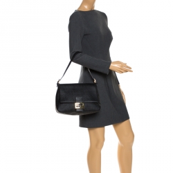 Pre Owned Fendi Black Zucchino Canvas and Leather Mama Forever Shoulder Bag