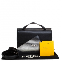 Pre Owned Fendi Black/Silver Textured Leather Small Demi Jour Top Handle Bag