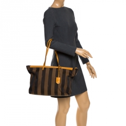 Pre Owned Fendi Tobacco/Brown Pequin Striped Canvas and Leather Tote