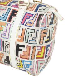 Pre Owned Fendi White Multi Color Zucca Forever Boston Bag
