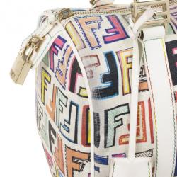 Pre Owned Fendi White Multi Color Zucca Forever Boston Bag