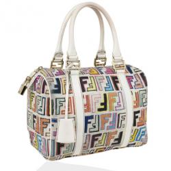 Pre Owned Fendi White Multi Color Zucca Forever Boston Bag