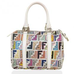 Pre Owned Fendi White Multi Color Zucca Forever Boston Bag