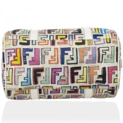 Pre Owned Fendi White Multi Color Zucca Forever Boston Bag