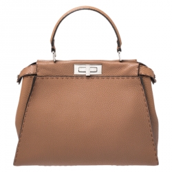 Pre Owned Fendi Tan Selleria Leather Medium Peekaboo Top Handle Bag