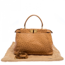 Pre Owned Fendi Tan Ostrich Medium Peekaboo Top Handle Bag