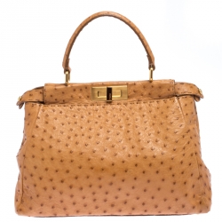 Pre Owned Fendi Tan Ostrich Medium Peekaboo Top Handle Bag