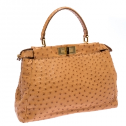 Pre Owned Fendi Tan Ostrich Medium Peekaboo Top Handle Bag