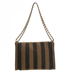 Pre Owned Fendi Tobacco Canvas Large Pequin Stripe Claudia Shoulder Bag