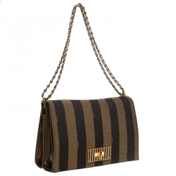 Pre Owned Fendi Tobacco Canvas Large Pequin Stripe Claudia Shoulder Bag