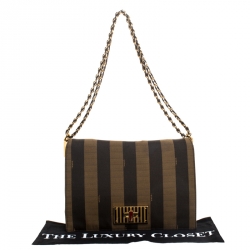 Pre Owned Fendi Tobacco Canvas Large Pequin Stripe Claudia Shoulder Bag