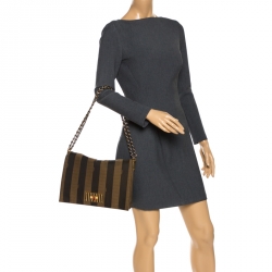 Pre Owned Fendi Tobacco Canvas Large Pequin Stripe Claudia Shoulder Bag