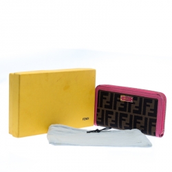 Pre Owned Fendi Pink/Tobacco Zucca Canvas Zip Around Wallet