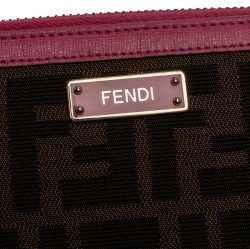 Pre Owned Fendi Pink/Tobacco Zucca Canvas Zip Around Wallet