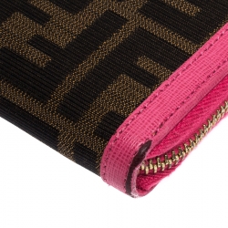 Pre Owned Fendi Pink/Tobacco Zucca Canvas Zip Around Wallet