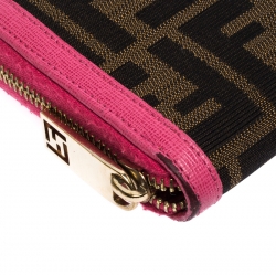 Pre Owned Fendi Pink/Tobacco Zucca Canvas Zip Around Wallet