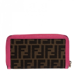 Pre Owned Fendi Pink/Tobacco Zucca Canvas Zip Around Wallet