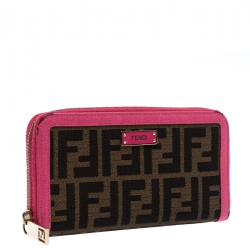 Pre Owned Fendi Pink/Tobacco Zucca Canvas Zip Around Wallet