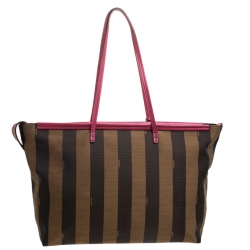 Pre Owned Fendi Tobacco/Magenta Pequin Canvas and Leather Roll Tote