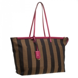Pre Owned Fendi Tobacco/Magenta Pequin Canvas and Leather Roll Tote