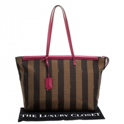 Pre Owned Fendi Tobacco/Magenta Pequin Canvas and Leather Roll Tote