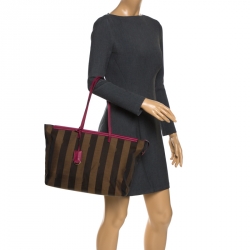Pre Owned Fendi Tobacco/Magenta Pequin Canvas and Leather Roll Tote