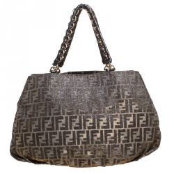 Pre Owned Fendi Gold/Brown Zucca Print Shimmer Canvas Mia Large Shoulder Bag