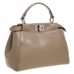 Pre Owned Fendi Beige Leather Mini Peekaboo Top Handle Bag