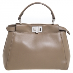 Pre Owned Fendi Beige Leather Mini Peekaboo Top Handle Bag