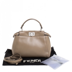 Pre Owned Fendi Beige Leather Mini Peekaboo Top Handle Bag