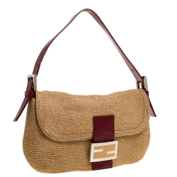 Pre Owned Fendi Beige/Burgundy Raffia and Leather Mama Baguette Bag
