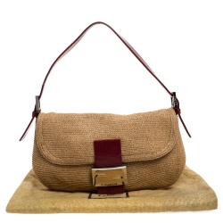 Pre Owned Fendi Beige/Burgundy Raffia and Leather Mama Baguette Bag