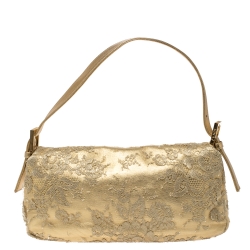 Fendi Metallic Gold Leather and Lace Crystal Embellished Baguette Shoulder Bag