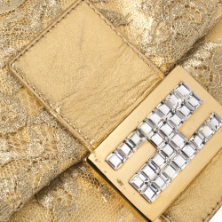 Fendi Metallic Gold Leather and Lace Crystal Embellished Baguette Shoulder Bag
