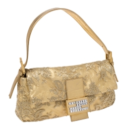 Fendi Metallic Gold Leather and Lace Crystal Embellished Baguette Shoulder Bag