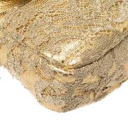 Fendi Metallic Gold Leather and Lace Crystal Embellished Baguette Shoulder Bag
