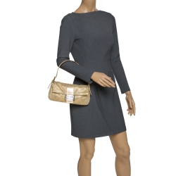 Fendi Metallic Gold Leather and Lace Crystal Embellished Baguette Shoulder Bag