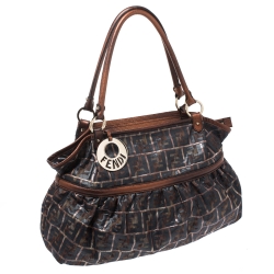 Pre Owned Fendi Dark Grey/Bronze Zucca Nylon and Lizard Embossed Leather Trim Large Chef Tote
